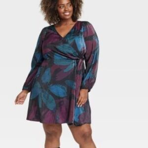 Ava & Viv Wrap Dress Women's Size 1X Black Abstract Balloon Long Sleeve New